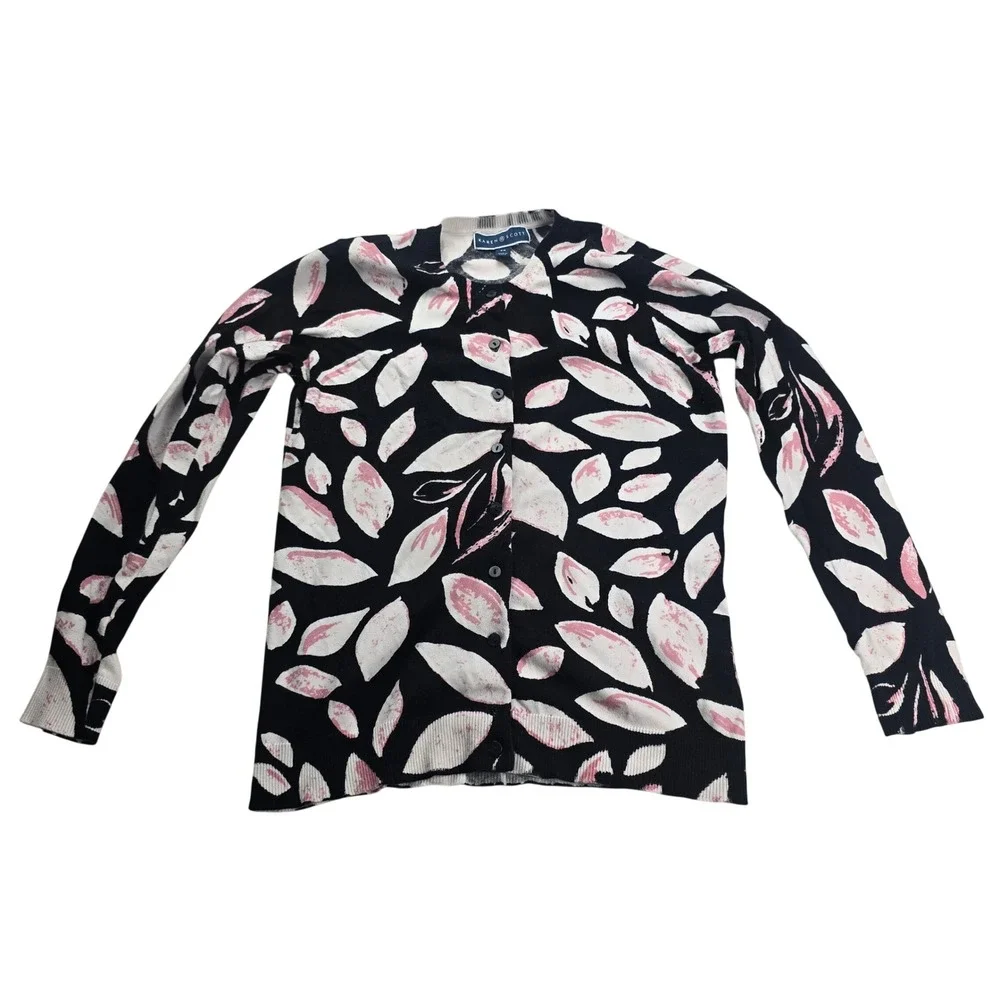 Karen Scott Cardigan Women XS Black Pink Leaf Print Button Front‎ Knit